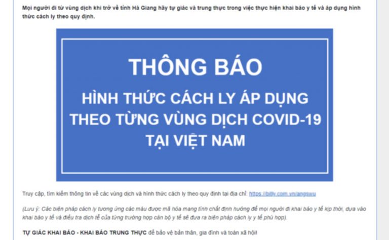 Thông báo hình thức cách ly theo vùng dịch. Ảnh chụp trang web Sở TTTT tỉnh Hà Giang