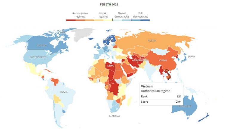 Việt Nam nằm trong nhóm các nước độc tài ở cuối bảng xếp hạng Chi Số Dân Chủ Toàn Cầu 2021 (Global Democracy Index 2021) 131/167 quốc gia. Ảnh chụp từ trang economist.com