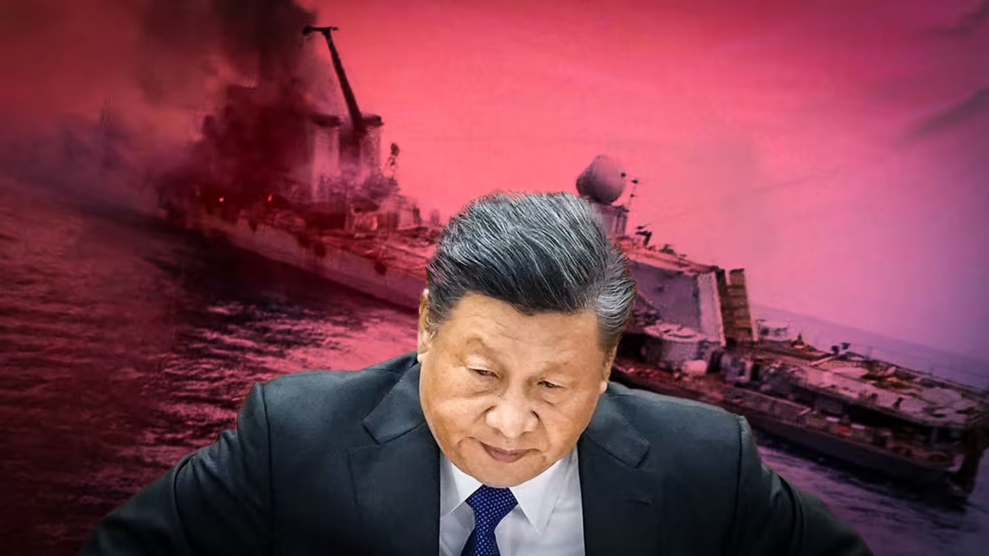 Khi hình ảnh được cho là soái hạm Moskva của hải quân Nga bị chìm vì trúng hỏa tiễn Ukraine được lan truyền trên mạng xã hội Telegram, Chủ Tịch Trung Quốc Tập Cận Bình có thể băn khoăn về các công nghệ tàu sân bay của hải quân nước ông ta. Ảnh: Kyodo/ AP, đồ họa: Nikkei