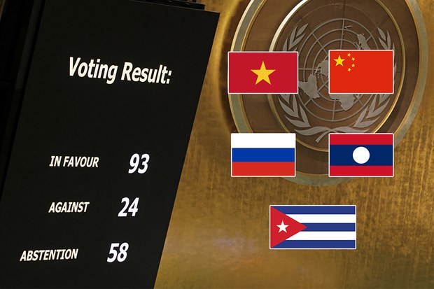 Đại Hội Đồng Liên Hiệp Quốc biểu quyết thông qua việc đình chỉ Nga khỏi Hội Đồng Nhân Quyền LHQ hôm 7/4/2022 với 93 nước bỏ phiếu thuận. Hà Nội bỏ phiếu chống cùng với Bắc Kinh. Ảnh: Reuters/ RFA edited