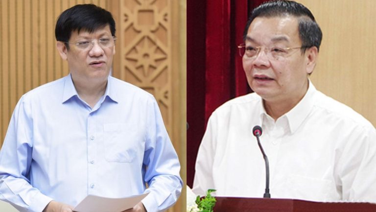 Hai ông Bộ Trưởng Y Tế Nguyễn Thanh Long (trái) và Chủ Tịch Hà Nội Chu Ngọc Anh. Ảnh: Tuổi Trẻ