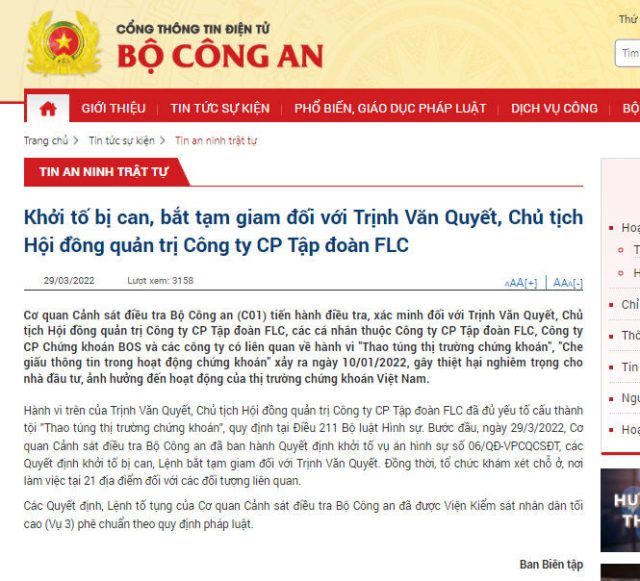 Thông báo của Bộ Công An về việc bắt giữ ông Trịnh Văn Quyết. Ảnh chụp trang web Bộ Công An