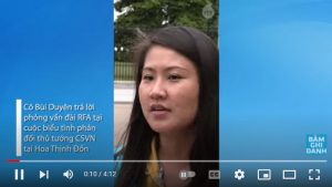 TS Bùi Duyên, một thành viên Việt Tân, trả lời phỏng vấn của đài RFA khi tham gia biểu tình phản đối Thủ Tướng CSVN Phạm Minh Chính trước Tòa Bạch Ốc hôm 13/5/2022 trong dịp ông nầy tham dự Hội Nghị Thượng Đỉnh Đặc Biệt Mỹ-ASEAN tại Washington DC, Hoa Kỳ