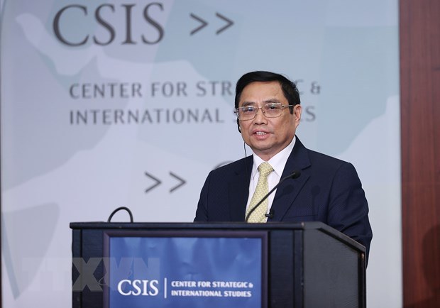 Ông Phạm Minh Chính nói chuyện tại Trung Tâm Nghiên Cứu Chiến Lược và Quốc Tế (CSIS) ở Washington hôm 11/5/2022 nhân chuyến tham dự Hội Nghị Thượng Đỉnh Hoa Kỳ-ASEAN. Ảnh chụp màn hình Youtube CSIS