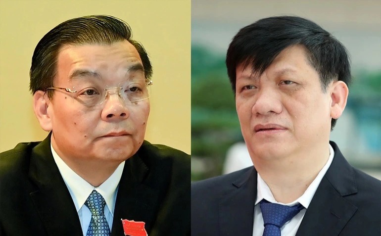Hai ủy viên trung ương đảng CSVN: Ông Chu Ngọc Anh - Chủ Tịch Hà Nội (trái) và Nguyễn Thanh Long - Bộ Trưởng Bộ Y Tế vừa bị khai trừ ra khỏi đảng, bị khởi tố và bắt tạm giam hôm 7/6/2022. Ảnh: Dân Trí