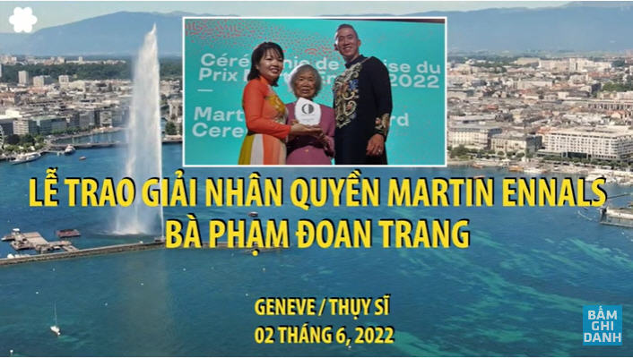 Giải Nhân Quyền Martin Ennals 2022 được trao cho nhà báo tự do Phạm Đoan Trang. Ảnh chụp từ Youtube Việt Tân