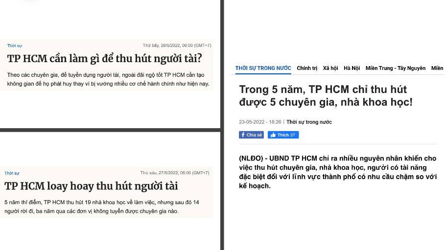 Các bài báo đề cập đến thất bại của TP.HCM trong chính sách thu hút nhân nước ngoài. Ảnh chụp từ FB Nguyễn Tuấn
