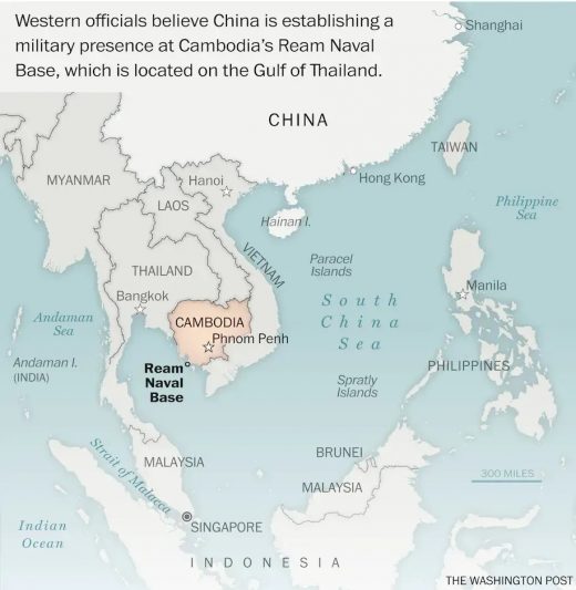Các giới chức Phương Tây tin rằng Trung Quốc đang thiết lập sự hiện diện quân sự tại Căn Cứ Hải Quân Ream của Campuchia ở Vịnh Thái Lan. Ảnh: The Washington Post