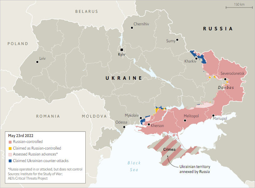 Tình hình chiến sự Ukraine tính đến 23/5/2022. Quân Nga tập trung lực lượng về vùng Donbas ở phía Đông, và phía Nam Ukraine. Nguồn: Viện Nghiên Cứu Chiến Tranh (ISW), Washington D.C.