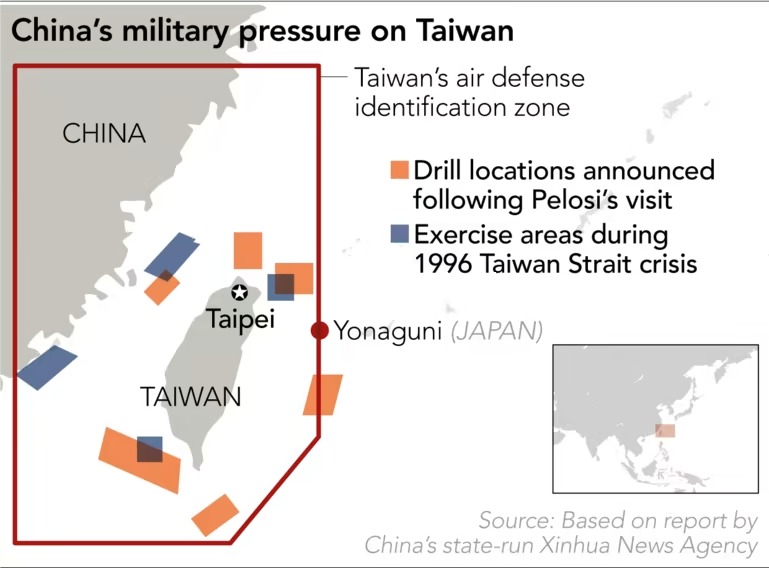 Áp lực quân sự của Trung Quốc lên Đài Loan. Màu cam là các vùng diễn ra tập trận sau chuyến đi của Pelosi, màu xanh là các vùng diễn ra tập trận trong khủng hoảng Đài Loan năm 1996. Nguồn thông tin: Tân Hoa Xã.