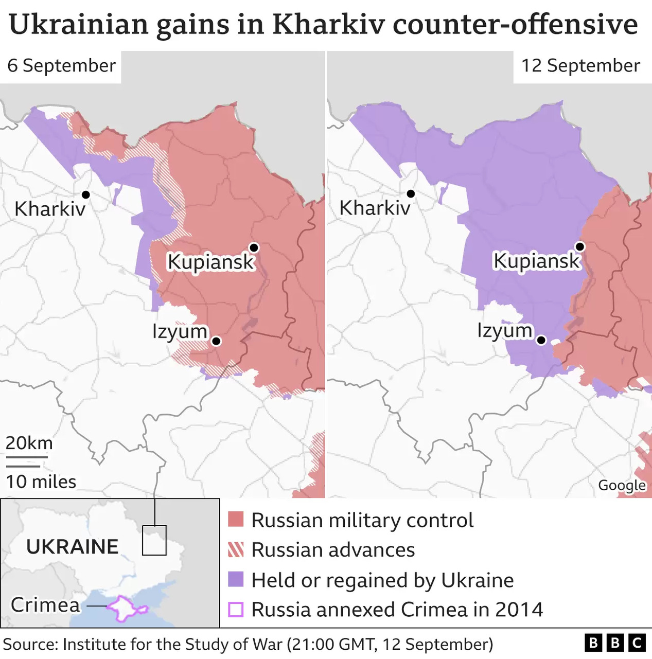 Các lực lượng Ukraine phản công tái chiếm các vùng quân Nga chiếm đóng, tính đến 21:00 GMT, 12/9/2022. Ảnh: Viện Nghiên Cứu Chiến Tranh (Institute for the Study of War - ISW) 