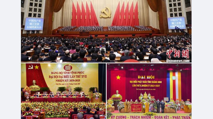 Đại hội 20 đảng CSTQ (ảnh trên) và đại hội đảng bộ Vĩnh Phúc (dưới, trái) và đại hội Phật Giáo tỉnh Quảng Ninh. Ảnh chụp FB Nguyễn Thông