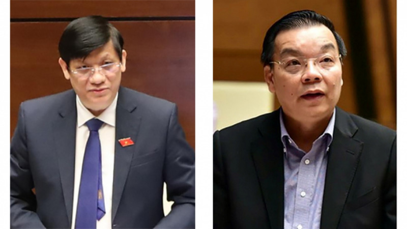 Ông Nguyễn Thanh Long (trái), cựu bộ trưởng Y Tế, và ông Chu Ngọc Anh, cựu chủ tịch thành phố Hà Nội, bị bắt ngày 7/6/2022 trong vụ đại án “Kít xét nghiệm Việt Á.” Ảnh: chinhphu.vn