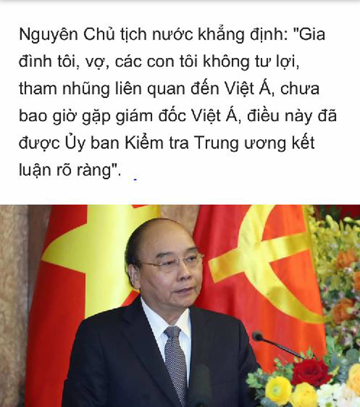 Bản tin của VnExpress đăng lời phủ nhận của ông Nguyễn Xuân Phúc cho vợ con liên quan đến Việt Á hai ngày trước nhưng nay đã bị xóa. Ảnh: Người Việt (chụp qua màn hình)