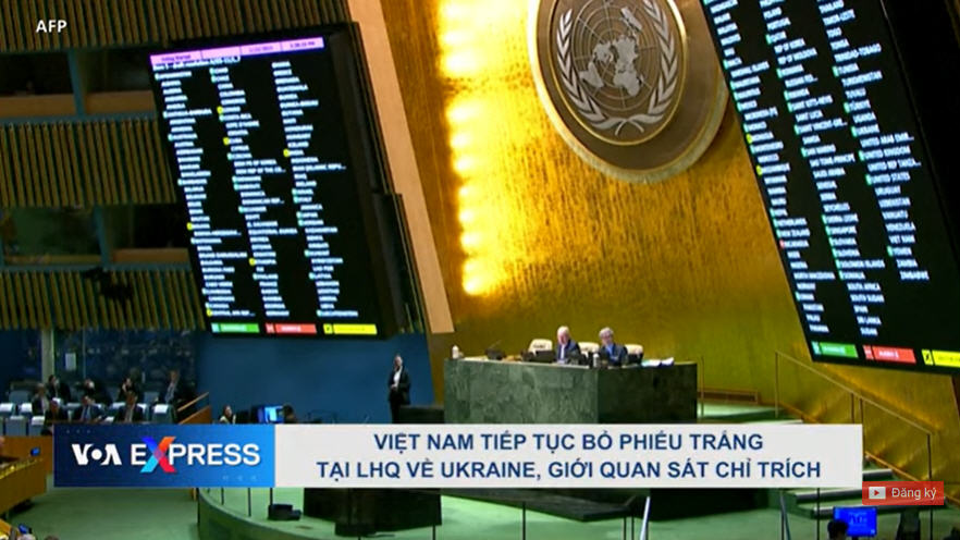 Việt Nam lại bỏ phiếu trắng tại Liên Hiệp Quốc khi Đại hội đồng LHQ thông qua nghị quyết kêu gọi Nga rút quân khỏi Ukraine, hôm 23/2/2023. Ảnh chụp màn hình VOA