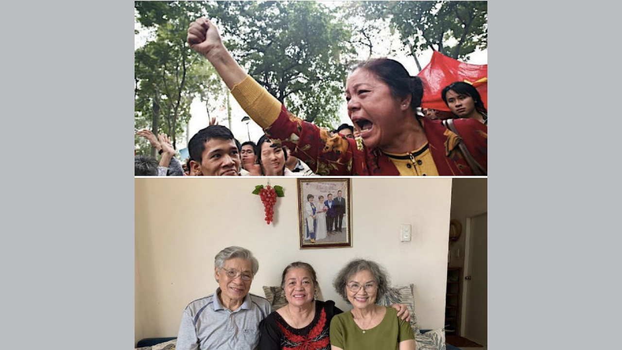 Ảnh chụp từ FB Mạc Van Trang. Ảnh trên: Bà Trần Thị Hài trong một cuộc biểu tình phản đối Trung Quốc xâm lấn Biển Đông trước đây; ảnh dưới: Bà Trần Thị Hài (giữa) cùng vợ chồng TS Mạc Văn Trang