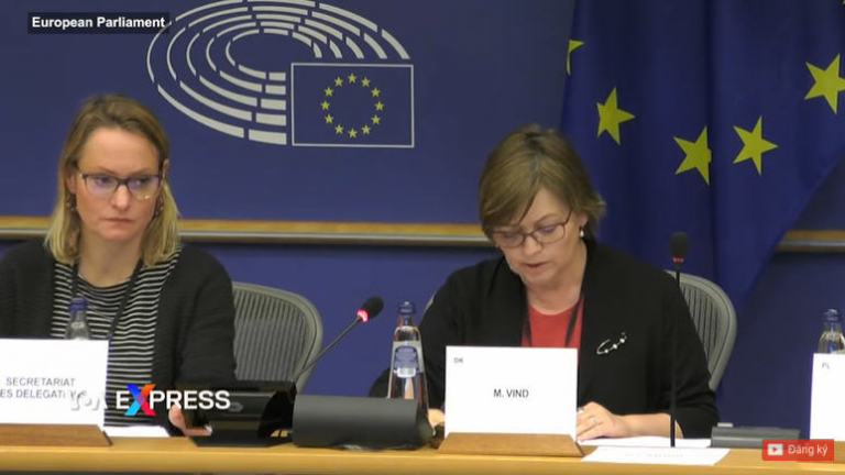 Bà Marianne Vind (phải), Phó Chủ tịch Đoàn Nghị sĩ phụ trách quan hệ với các quốc gia Đông Nam Á và ASEAN của Nghị viện Châu Âu (European Parliament) phát biểu trong buổi điều trần. Ảnh chụp từ màn hình VOA