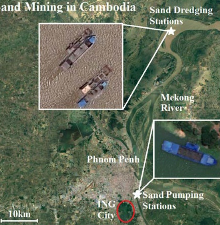 Bản đồ hoạt động khai thác cát trên sông Mekong, khu vực thành phố Phnom Penh ở Campuchia, trong một nghiên cứu năm 2021: "Cát ra đi, người cũng ra đi: tác động sinh kế của việc khai thác cát ở Campuchia," công bố trên AFD Research Papers, một tạp chí của French Development Agency