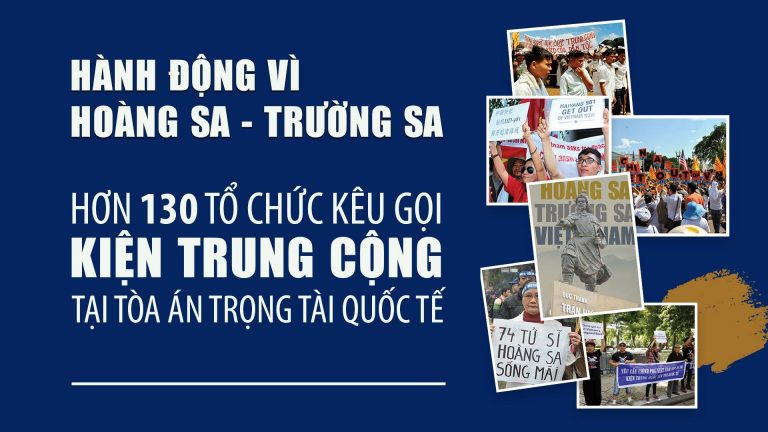 Hơn 130 tổ chức, đoàn thể lên án Trung Quốc xâm lược, chiếm đóng trái phép quần đảo Hoàng Sa và Trường Sa của Việt Nam đồng thời kêu gọi mọi người cùng hành động bảo vệ chủ quyền đất nước