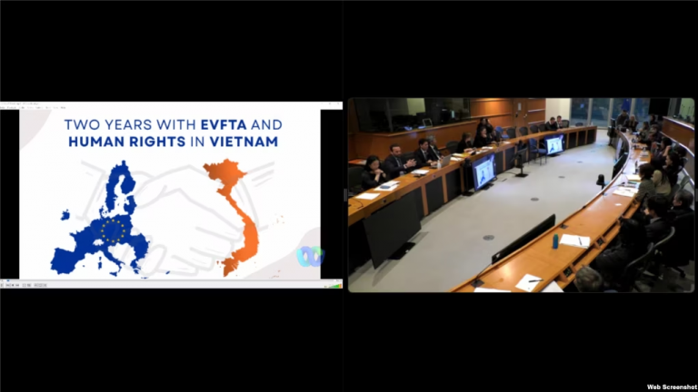 Các nghị viên Liên minh châu Âu tổ chức hội thảo xem xét mức độ vi phạm nhân quyền và quyền lợi của người lao động Việt Nam sau hơn hai năm chính quyền nước này thực thi Hiệp định Thương mại Tự do EU-Việt Nam (EVFTA) ngày 28/02/2023. Ảnh: Screenshot Cisco Webex