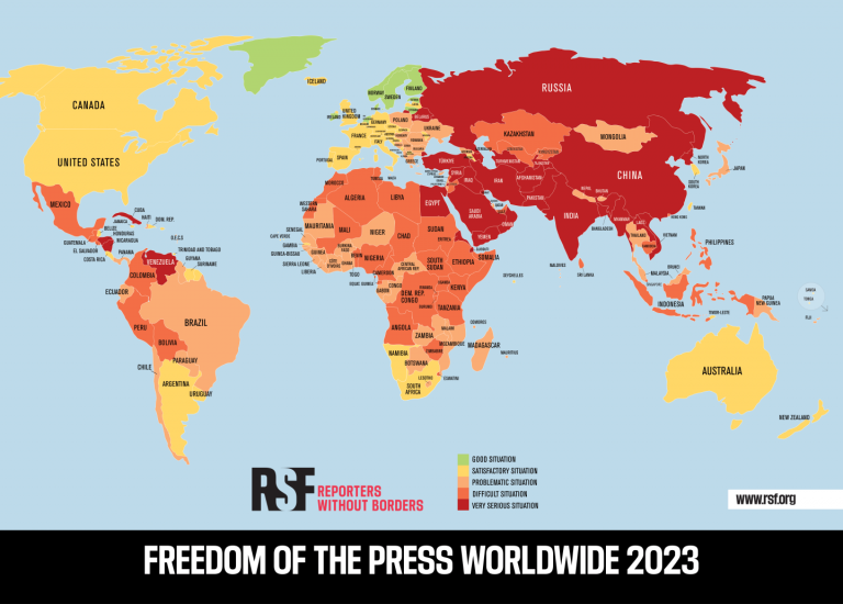 Bản đồ xếp hạng tự do báo chí tại 180 quốc gia trên thế giới, do tổ chức Phóng viên Không biên giới thực hiện. Ảnh: Phóng viên không biên giới (Reporters Sans Frontiers - RSF)