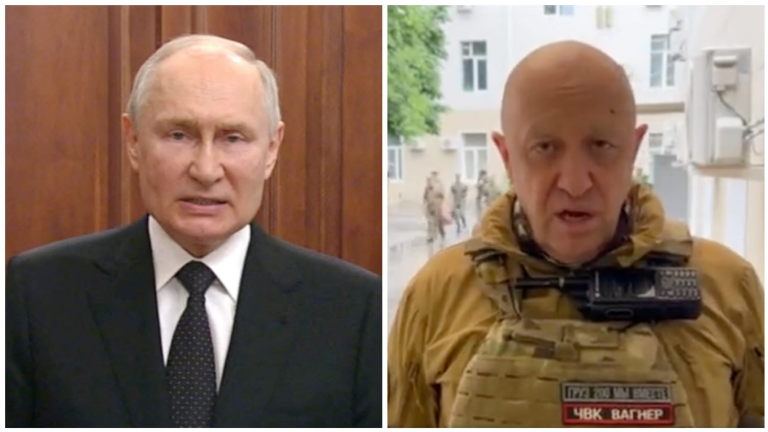 Putin (trái) và viên thủ lãnh Wagner Prigozhin. Ảnh: Reuters/ Telegram