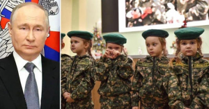 Baby Troops: Vladimir Putin buộc trẻ em từ 4 tuổi phải được huấn luyện quân sự. Ảnh: Telegram/ RadarOnline.com