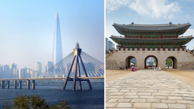 Ảnh trái: Tháp Lotte World Tower nổi bật trên bầu trời thủ đô Seoul. Ảnh phải: Gwanghwamun Gate, Seoul. Nguồn: reisereporter.de/ Korea Tourism Organization & Adobe