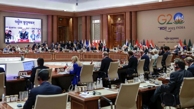 G20, hội nghị bàn tròn chung quanh thủ tướng Ấn Độ về một dự án để cạnh tranh với Con đường Tơ lụa Trung Quốc, 9/9/2023. Ảnh: AP - Evelyn Hockstein