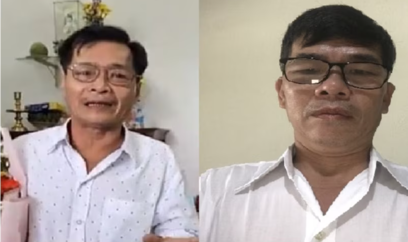 Nhà hoạt động Ngô Văn Dũng (trái) và Lê Quý Lộc sau khi mãn án tù, tháng 9/2023. Ảnh: VOA