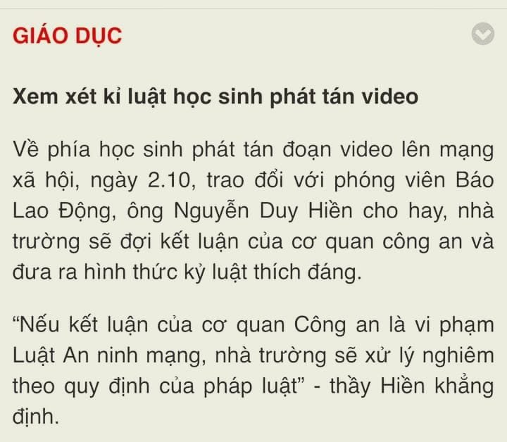 Hiệu trưởng Trường THPT Đa Phúc, Hà Nội đe dọa khi trả lời phỏng vấn của báo Lao Động. Ảnh chụp màn hình báo Lao Động