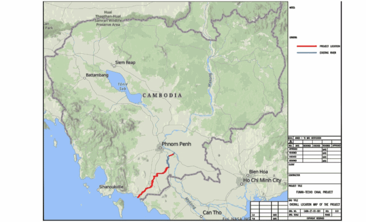 Dự án Kênh đào Phù Nam (Funan Techo Canal) của Campuchia. Dự án sẽ được tài trợ bởi chương trình Vành đai Con đường (BRI) của Trung Quốc với kinh phí 1,7 tỉ USD. Nguồn: Mekong River Commission. Ảnh và chú thích: Kỹ sư Phạm Phan Long