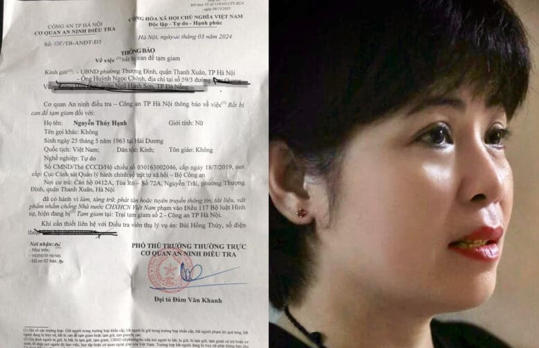 Thông báo (trái) của cơ quan an ninh điều tra Hà Nội bắt tạm giam bà Nguyễn Thúy Hạnh (phải) và áp giải bà từ nơi điều trị ung thư trở lại Trại tạm giam số 2. Ảnh: Sài Gòn Nhỏ