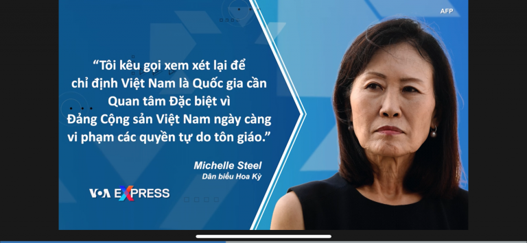 Dân biểu Hoa Kỳ Michelle Steel đề nghị Hoa Kỳ đưa Việt Nam trở lại vào danh sách CPC. Ảnh chụp màn hình VOA