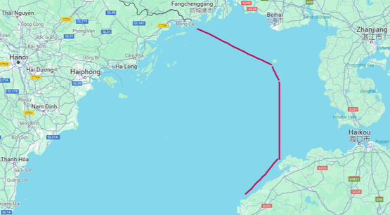 Đường cơ sở tại Vịnh Bắc Bộ mà Trung Quốc mới công bố (RFA vẽ minh họa trên Google Maps, dựa trên tọa độ của các điểm cơ sở mà Trung Quốc công bố) Ảnh: Google Maps/ RFA