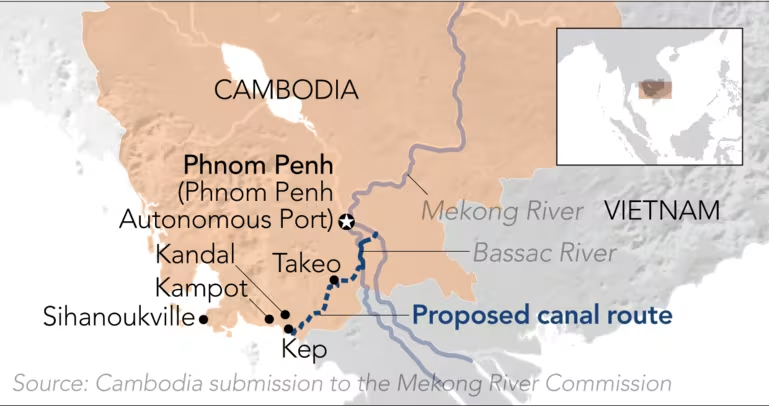Vị trí dự kiến kênh đào Phù Nam Techo. Ảnh: Cambodia đệ nạp Ủy hội Sông Mekong