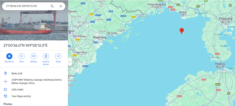 Một trong những điểm cơ sở mà Trung Quốc chọn để vẽ đường cơ sở trên Vĩnh Bắc Bộ, tọa độ 21°00'36.0"N 109°05'12.0"E (đảo Weizhou, cách đất liền Trung Quốc khoảng 45 hải lý). Ảnh minh họa từ Google Maps/ RFA