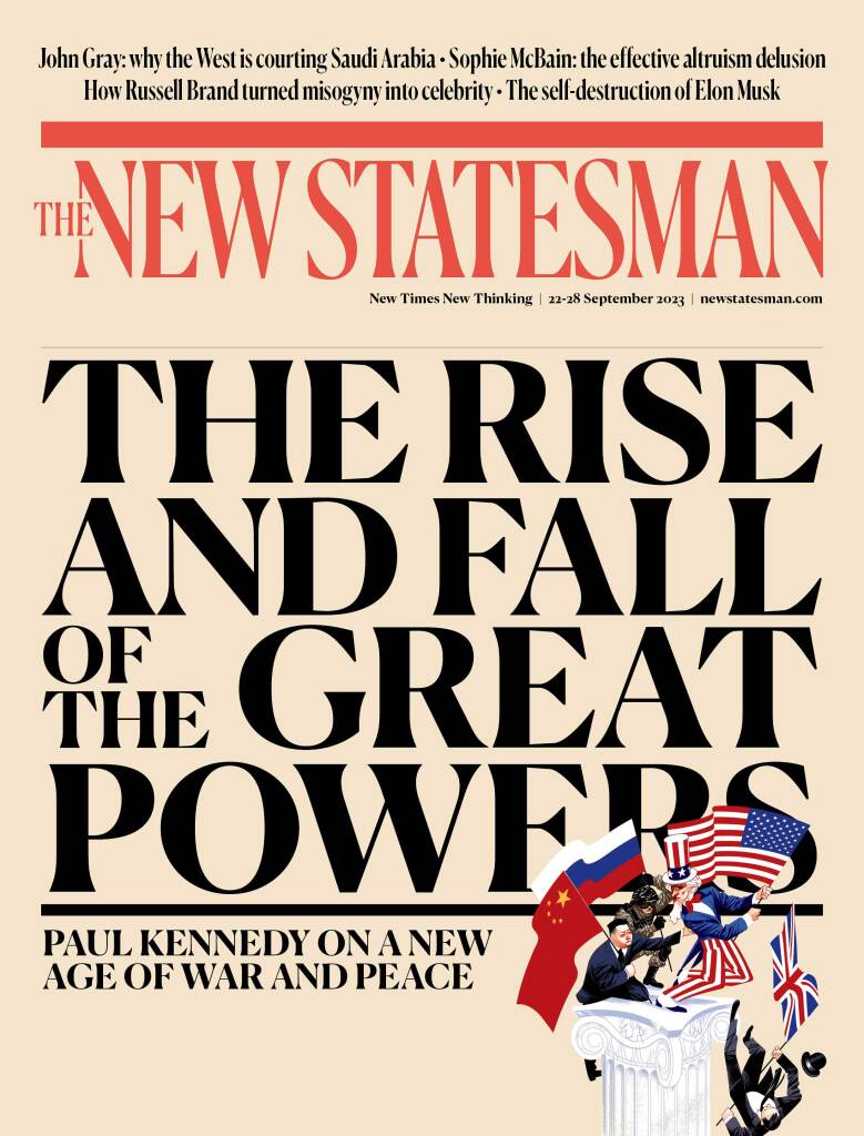 Đây là hình trang bìa tập sách “Rise and Fall” trên tạp chí The New Statesman số ra tuần lễ 22-28 tháng 9 năm 2023. Hình vẽ cho thấy là sau 35 năm (1988-2023) trật tự thế giới thay đổi: Ba đế quốc hiện đang xuất hiện trên vũ đài thế giới là Mỹ - Nga – Trung, trong khi đế quốc Anh đã bị rớt đài. Ảnh: The New Statesman - André Carrilho minh họa