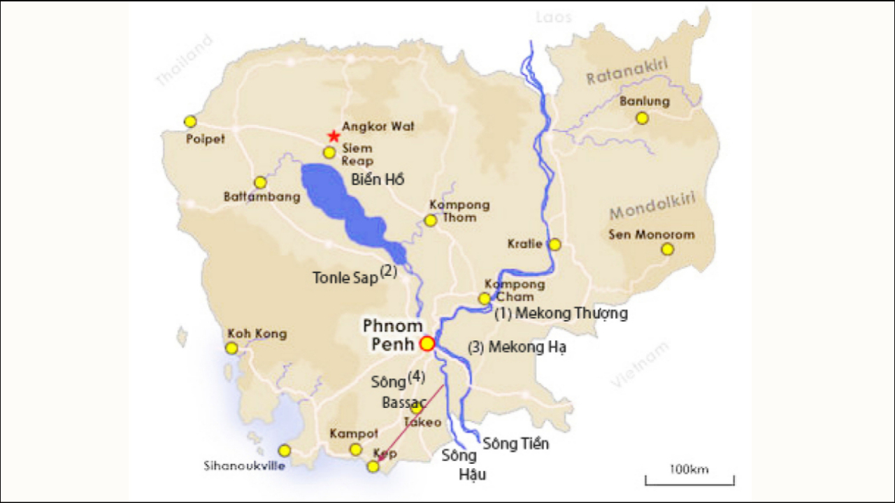 Quatre Bras / Nơi hội tụ 4 nhánh sông: (1) Mekong Thượng, (2) Sông Tonlé Sap, (3) Mekong Hạ / có tên Sông Tiền (4) Sông Bassac / có tên là Sông Hậu khi chảy vào Việt Nam. Đường chỉ đỏ nối sông Bassac và tỉnh Kep là sơ đồ của con kênh Funan Techo của Cam Bốt sẽ khởi công vào năm 2024 và hoàn tất năm 2028. Ảnh: RFA - bản đồ cập nhật với ghi chú của BS Ngô Thế Vinh