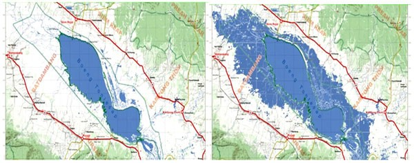 Biển Hồ Tonlé Sap, Mùa Khô diện tích mặt hồ co lại (trái); Mùa Mưa do nước lũ từ thượng nguồn sông Mekong đổ về, sông Tonlé Sap đổi chiều chảy ngược vào Biển Hồ làm tràn bờ, khiến diện tích mặt hồ hơn đến 5 lần (phải). Hiện tượng co giãn của Biển Hồ càng ngày càng bị suy yếu, đang như một trái tim thiếu máu.  Ảnh: Courtesy of Tom Fawthrop, Eureka Film
