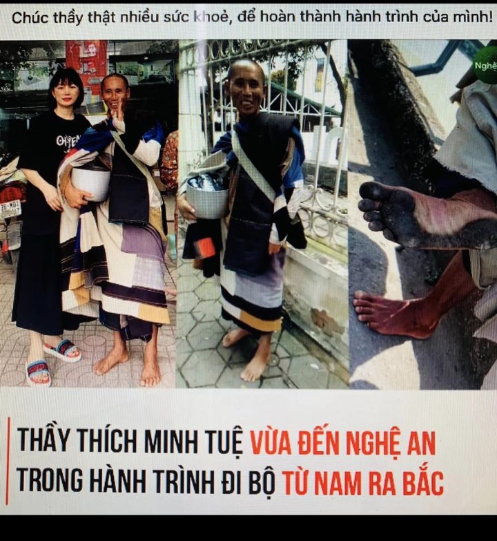 21/3/2024 thầy Minh Tuệ đi qua Nghệ an, chỉ có một cô gái trò chuyện và chụp hình với thầy. Chúc thầy thật nhiều sức khỏe để hoàn thành cuộc hành trình ra Bắc… Ảnh: FB Mạc Van Trang