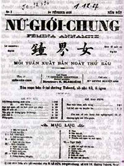 Tuần báo "Nữ Giới Chung" (tiếng chuông của nữ giới) được ra mắt công chúng Sài Gòn năm 1918, là tờ báo phụ nữ đầu tiên của Việt Nam. Ảnh: FB Nguyễn Tuấn