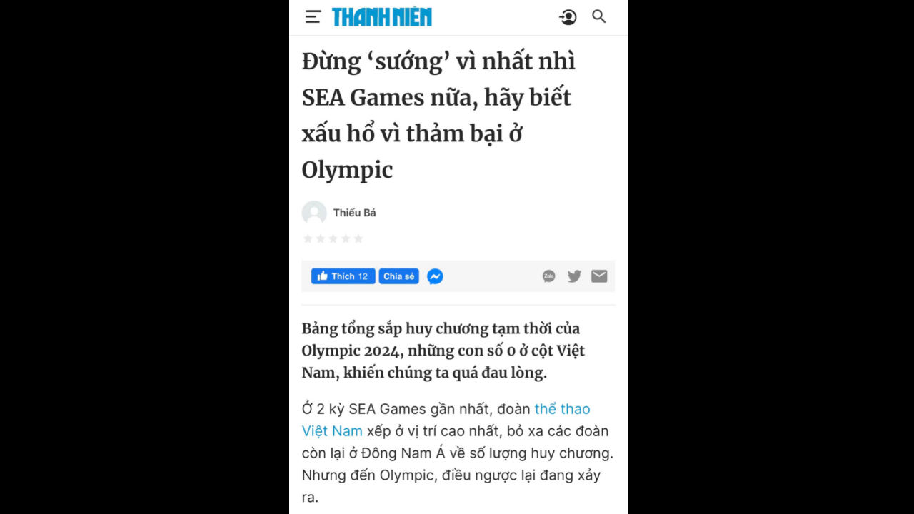 "Đừng (tự) 'sướng' vì nhất nhì SEA Games nữa, hãy biết xấu hổ vì thảm bại ở Olympic." Ảnh chụp tít bài báo Thanh Niên (FB Nguyễn Tuấn)