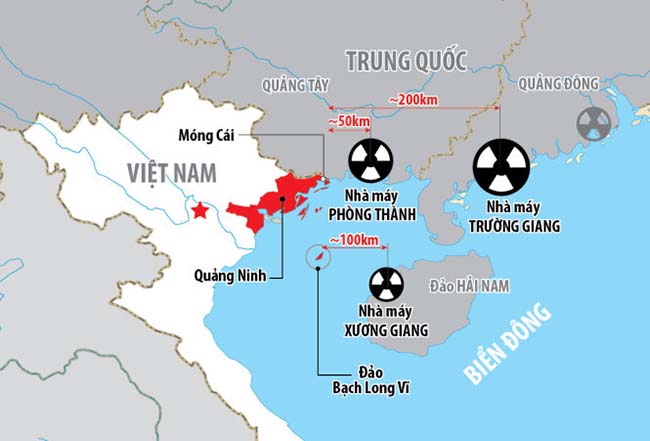 Vị trí ba nhà máy điện hạt nhân của Trung Quốc gần biên giới Việt Nam. Nguồn: Hội Nhà văn Việt Nam