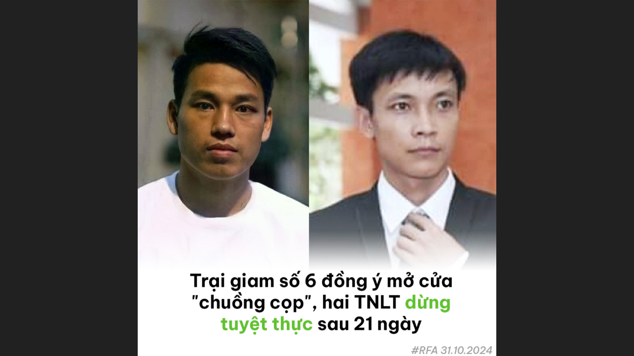 Các tù nhân lương tâm ở Trại giam số 6, huyện Thanh Chương, Nghệ An đã tuyệt thực tranh đấu đòi cải thiện chế độ lao tù. Từ trái: Trịnh Bá Tư, Bùi Văn Thuận. Ảnh: FB Đài Á Châu Tự Do