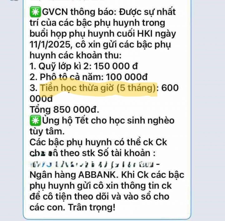 Thông tư 29 sắp có hiệu lực, có những nơi vẫn ngang nhiên thu tiền học thêm của học kỳ 2, nhưng trong giấy tờ thì ghi là “tiền thừa giờ.” Ảnh: FB Thái Hạo