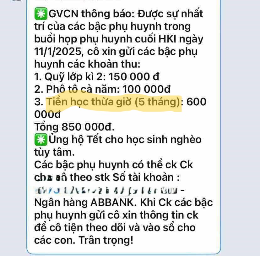 Thông tư 29 sắp có hiệu lực, có những nơi vẫn ngang nhiên thu tiền học thêm của học kỳ 2, nhưng trong giấy tờ thì ghi là “tiền thừa giờ.” Ảnh: FB Thái Hạo