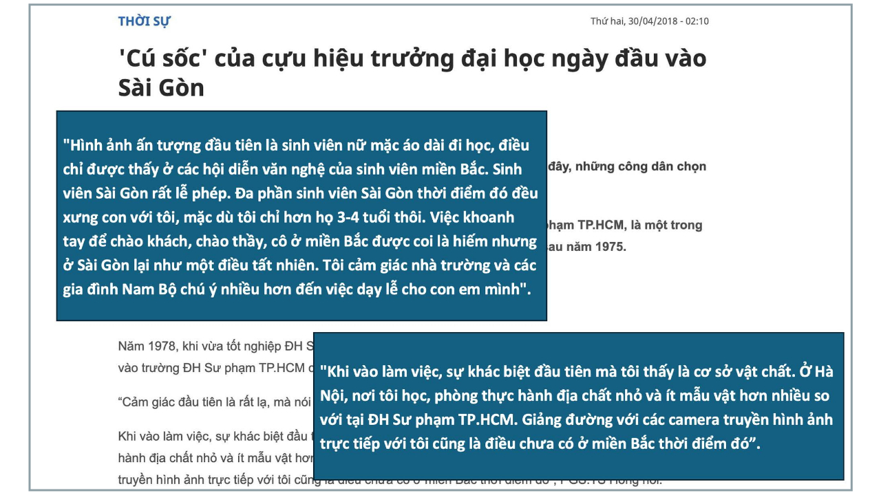 Ảnh chụp bài báo trên Vietnamnet với 'highlight' nhận xét của cựu Hiệu trưởng Nguyễn Kim Hồng, người được cử vào tiếp quản Đại học Sư Phạm Sài Gòn sau 30/4/1975. Ảnh: FB Nguyễn Tuấn