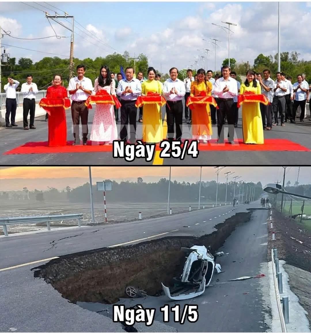 Khánh thành cầu Hòa Bình (ảnh trên), nhưng chưa đầy tháng đường dẫn dẫn lên cầu đã sụp sâu khiến xe lọt hố. Ảnh: FB Tran NamAnh