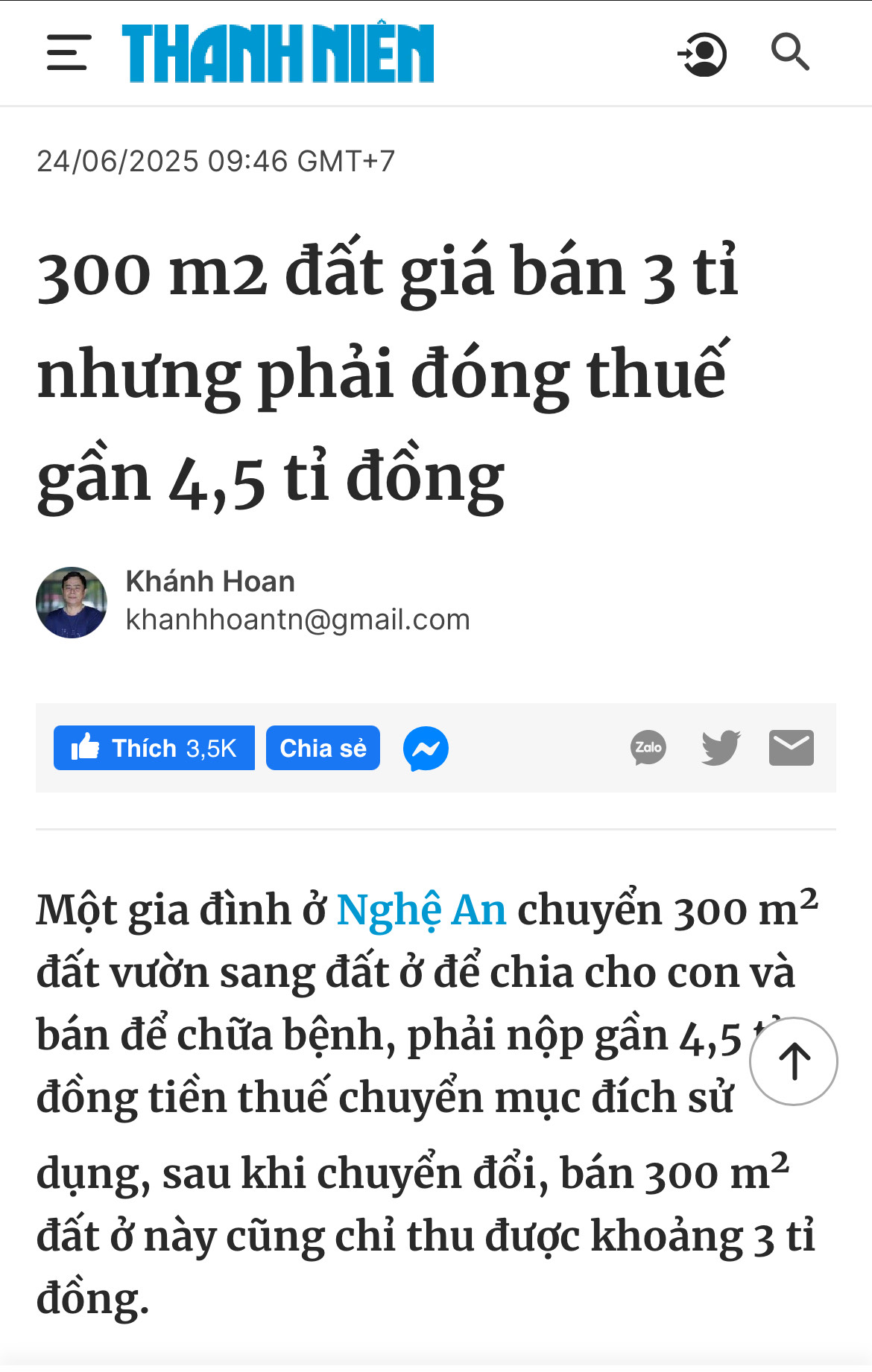 Chuyển đổi 300 m² đất vườn thành nhà ở phải đóng thuế 4,5 tỉ đồng trong khi bán mảnh đất ở 300 m² đó chỉ có giá 3 tỉ! Ảnh chụp bài báo Thanh Niên ngày 24/06/2025